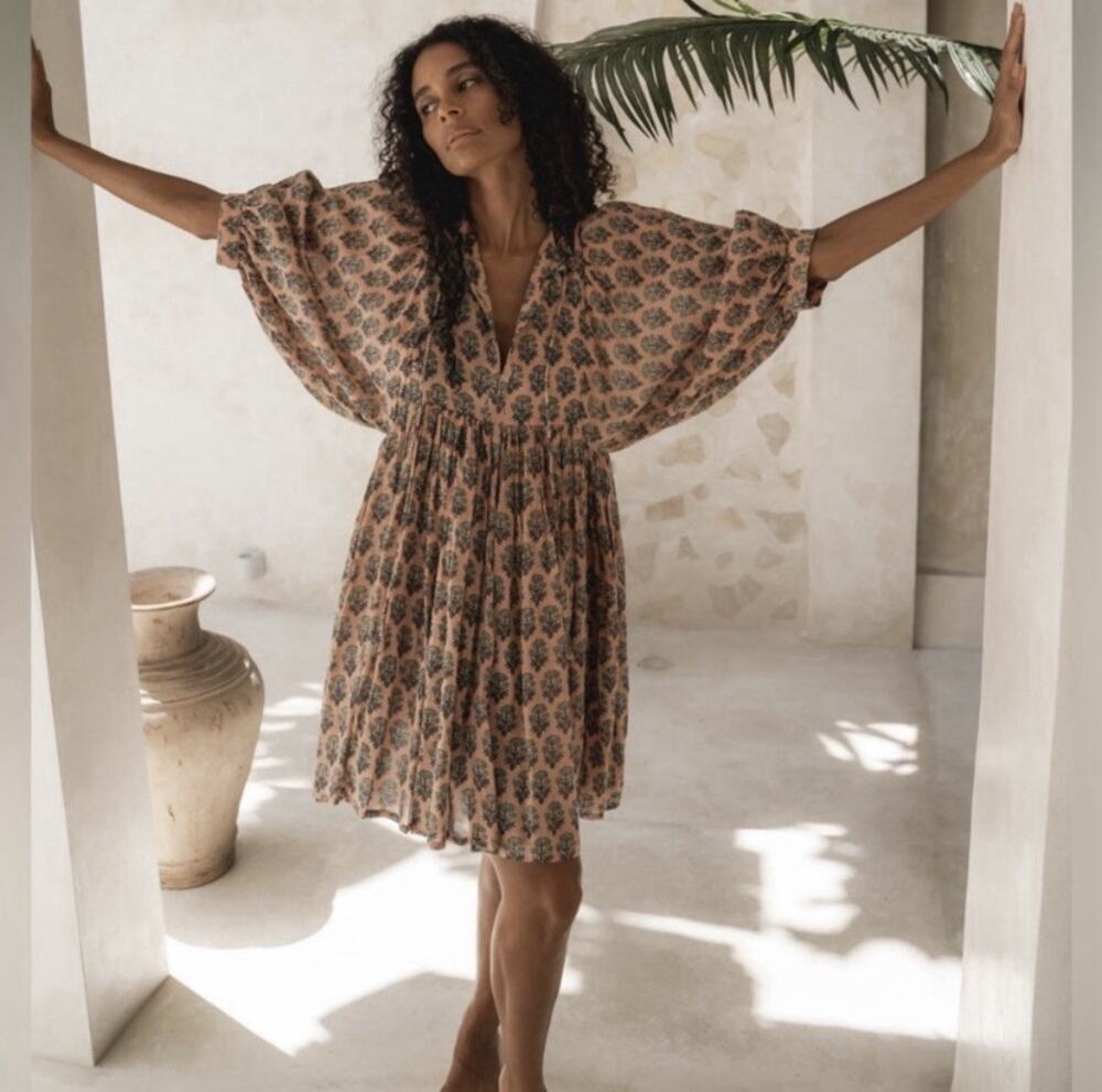 DAUGHTERS OF INDIA Kyra Mini Dress In Himalayan Salt Medium Block Print Cotton